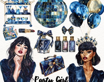 May include: A set of digital illustrations featuring a disco ball, party hats, perfume bottles, a purse, and two women in glamorous outfits. The illustrations are in a watercolor style with a blue and gold color scheme. The text "Party Girl" is included in the image.