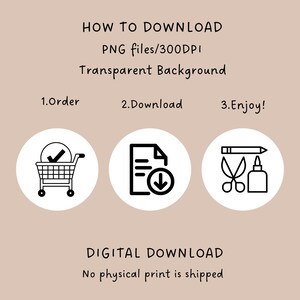 Puede incluir: Una ilustraci&oacute;n gr&aacute;fica que muestra c&oacute;mo descargar un producto digital. Los pasos son: 1. Pedir, 2. Descargar, 3. &iexcl;Disfrutar! El texto tambi&eacute;n indica que el producto es un archivo PNG, 300 DPI, con un fondo transparente. El texto tambi&eacute;n indica que se trata de una descarga digital y que no se env&iacute;a ninguna impresi&oacute;n f&iacute;sica.