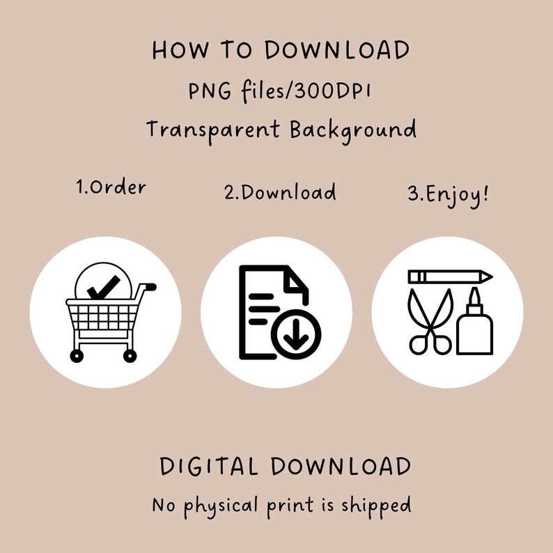 Puede incluir: Una ilustraci&oacute;n gr&aacute;fica que muestra c&oacute;mo descargar un producto digital. Los pasos son: 1. Pedir, 2. Descargar, 3. &iexcl;Disfrutar! El texto tambi&eacute;n indica que el producto es un archivo PNG, 300 DPI, con un fondo transparente. El texto tambi&eacute;n indica que se trata de una descarga digital y que no se env&iacute;a ninguna impresi&oacute;n f&iacute;sica.