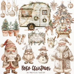 Watercolor Boho Christmas Clipart, Winter Graphic, Neutral Christmas, Holiday Décor, Cute Santa, Festive Clipart, Scrapbook Digital Stickers
