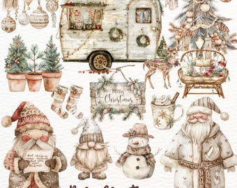 Clipart natalizio in stile boho ad acquerello: grafica natalizia neutra (download digitale)