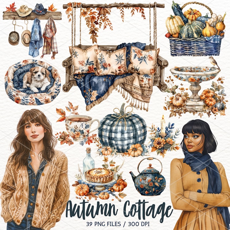 Pu&ograve; includere: Un set di illustrazioni digitali a tema cottage autunnale. Il set include un'altalena, una zucca, una teiera, un bagno per uccelli, un letto per cani, una donna con una sciarpa, una donna con un maglione, una torta e una variet&agrave; di foglie autunnali e zucche. Il set &egrave; perfetto per creare artigianato, biglietti e inviti a tema autunnale.