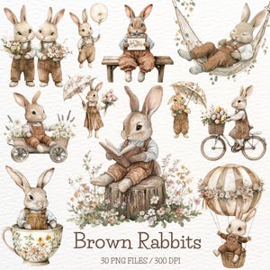Clipart di conigli marroni ad acquerello, coniglietti carini, coniglietto pasquale, grafica primaverile, coniglietti primaverili, conigli carini, baby shower con coniglietto, PNG di Pasqua