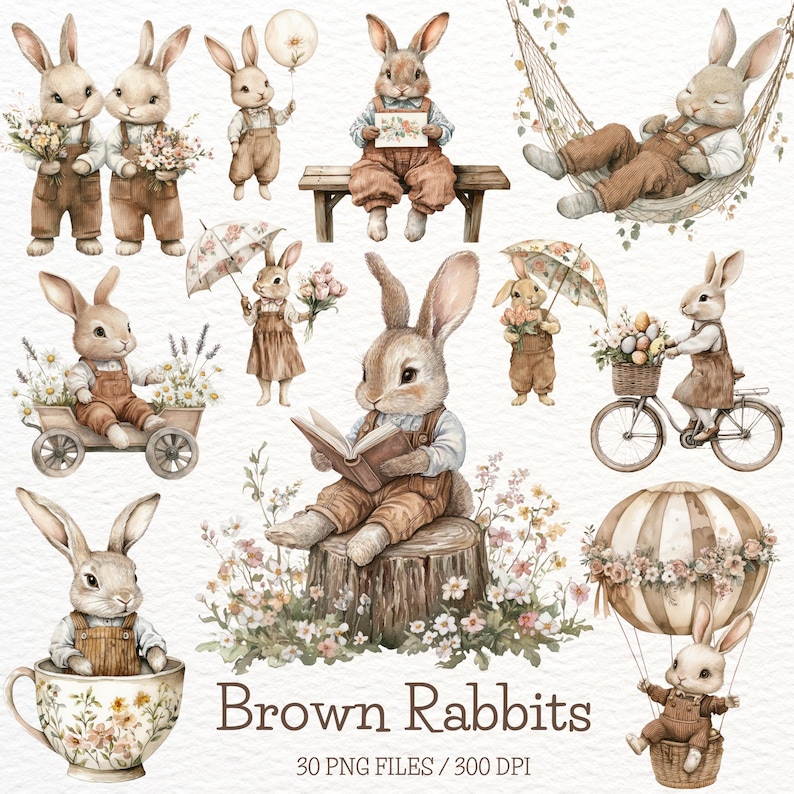 May include: Watercolor illustrations of brown rabbits in various poses. Some rabbits hold flowers, read books, or ride bicycles. The image includes the text "Brown Rabbits" and details about the number of PNG files and DPI.