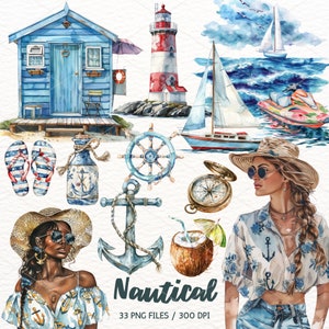 Clipart nautico dell'acquerello, viaggio estivo in spiaggia, faro, oceano, clip art marino, creazione di cartoline, scrapbooking, download istantaneo commerciale