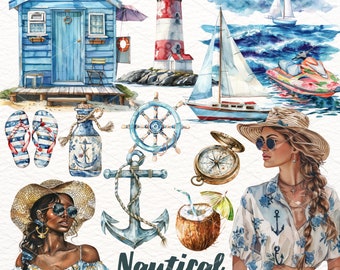 Watercolor Nautical Clipart: Summer Beach, Lighthouse (Instant Download)