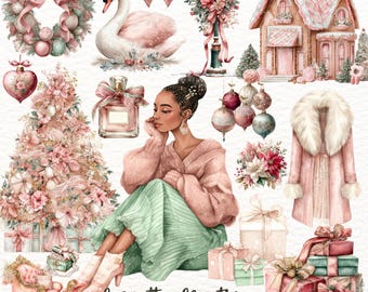 May include: Watercolor illustration with a Christmas theme. Features a woman in a pink sweater and green skirt, surrounded by Christmas ornaments, a pink Christmas tree, gifts, a swan, and a pink coat. The text "Coquette Christmas" is visible.