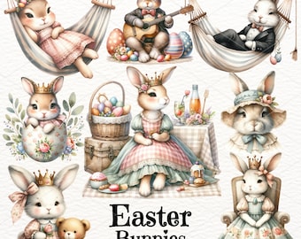 May include: A set of nine digital illustrations featuring cute bunnies in various Easter-themed poses. The bunnies are wearing crowns, dresses, and hats, and are holding items such as eggs, flowers, and a guitar. The illustrations are in a watercolor style and are perfect for use in digital scrapbooking, card making, and other creative projects.  39 PNG files / 300 DPI