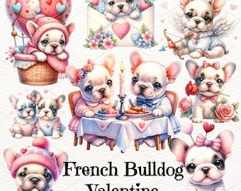 Watercolor French Bulldog Valentine Clipart, Dog PNG (Digital Download)