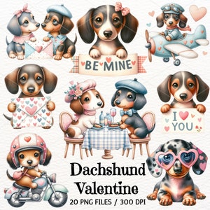 Dackel Valentine Aquarell Clipart, Valentinstag Clipart, süßer Hund, Hundepaar, Scrapbook, Aufkleber, kommerzielle Nutzung