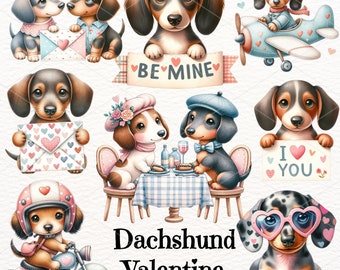 May include: A set of 20 digital illustrations of Dachshunds in various poses and outfits, including a pilot, a biker, a couple on a date, and a dog wearing sunglasses. The illustrations are in a cartoon style and feature bright colors. The text "Dachshund Valentine" and "20 PNG FILES / 300 DPI" is also included in the image.