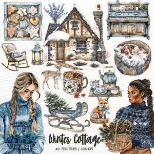 Clipart de casa de campo de inverno em aquarela, inverno aconchegante, cottagecore, garota de inverno, inverno romântico, campo vivo, scrapbooking, uso comercial