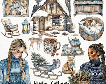 Clipart de casa de campo de inverno em aquarela: Casa de campo aconchegante PNG (download digital)