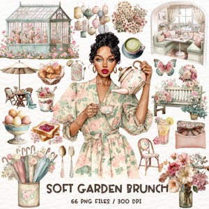 May include: A watercolour illustration depicting a woman pouring tea, surrounded by brunch items and garden elements. Includes a greenhouse, cafe scene, flowers, and the text "SOFT GARDEN BRUNCH". The image has a soft, pastel colour palette.