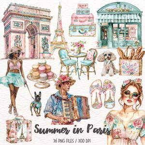 Aquarelle Paris Clipart, vie parisienne, voyage d'été, Tour Eiffel, croissant, Paris romantique France PNG, téléchargement immédiat, usage Commercial