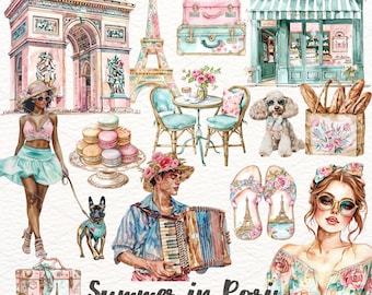Watercolor Paris Clipart: Eiffel Tower, Croissant (PNG, Commercial Use)
