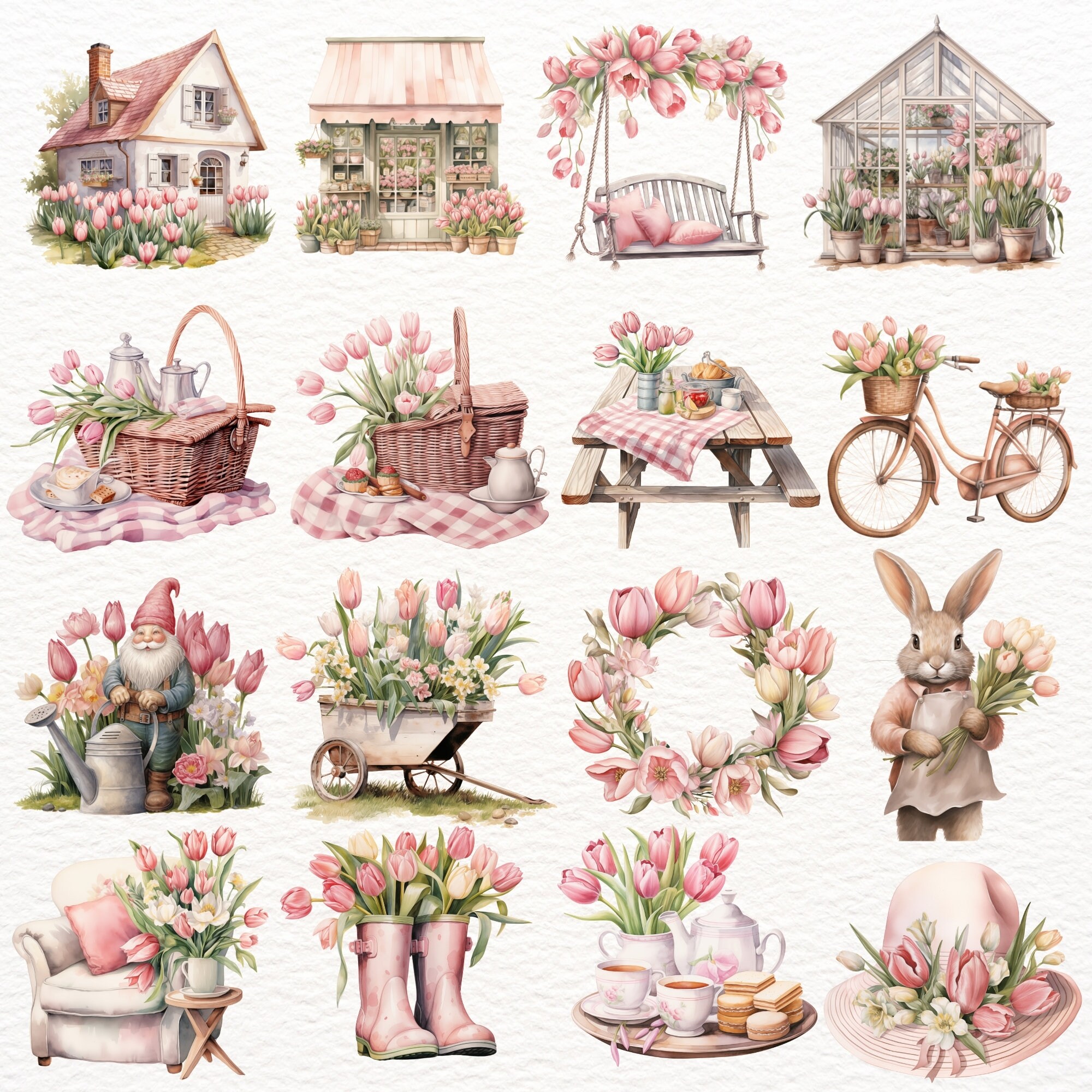Watercolor Pink Tulip Clipart: Spring Floral PNG Set (digital Download ...