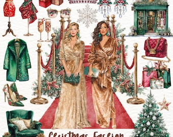 May include: Watercolor illustration featuring Christmas fashion elements. Includes two women in gold velvet gowns on a red carpet, along with a Christmas tree, gifts, jewelry, and a boutique. The text "Christmas Fashion" is displayed at the bottom.
