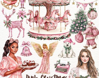 Puede incluir: Conjunto de clipart digital con temática navideña rosa. Incluye un carrusel, un cascanueces, un reno, un árbol de Navidad, un oso polar, un ángel, una mujer con una bandeja de magdalenas, una mujer que sostiene una caja de adornos, una máquina de escribir y una campana. También se incluye el texto "Pink Christmas" y "46 archivos PNG / 300 DPI".