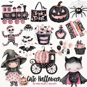 Watercolor Pink Halloween Clipart: Spooky Black Cat PNG (Digital Download)