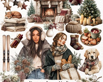 Gezellige winterhygge-clipart, gezellige cottage, digitale stickers voor planners en scrapbooking