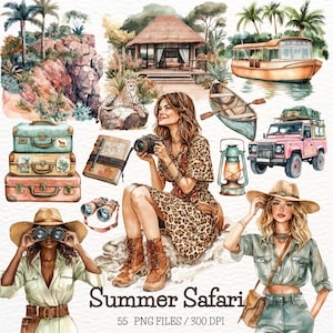 Clipart de safari de verano en acuarela, clipart de viajes, safari PNG, viajes de verano, animales de safari de verano, selva, scrapbooking, pegatinas digitales