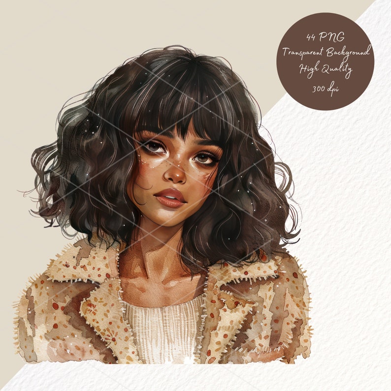 May include: A digital illustration of a woman with brown curly hair, wearing a brown and beige patterned jacket. She has a soft, natural look with brown eyes and freckles.