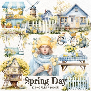 Frühlingstag Aquarell Clipart, gemütliche Frühlingsgrafik, Cottagecore Clip Art PNG, Frühlingskollektion, saisonal, Blumen, Scrapbooking, kommerziell