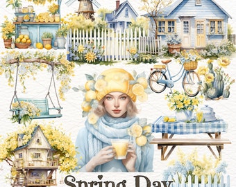 Spring Day Watercolor Clipart: Cottagecore PNG Graphics (Digital Download)