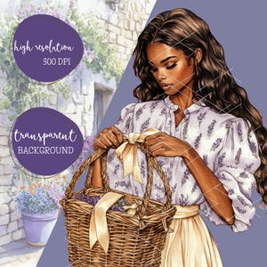 May include: A woman with long dark hair is wearing a lavender floral print blouse and a white skirt. She is holding a wicker basket filled with lavender flowers and a yellow ribbon.