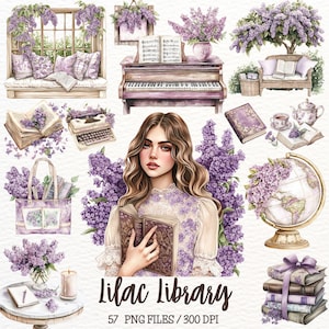 Clipart della biblioteca di lillà ad acquerello, lavanda, floreale viola chiaro, rustico cottagecore, giardino di lillà, PNG lillà, adesivi digitali, scrapbooking