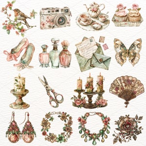 May include: A collection of vintage-inspired watercolor illustrations featuring a variety of items, including a camera, teacups, cupcakes, ballet shoes, perfume bottles, candles, scissors, a fan, earrings, and necklaces. The illustrations are done in a soft, romantic style with delicate floral details.
