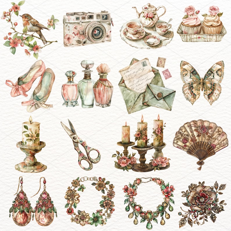 May include: A collection of vintage-inspired watercolor illustrations featuring a variety of items, including a camera, teacups, cupcakes, ballet shoes, perfume bottles, candles, scissors, a fan, earrings, and necklaces. The illustrations are done in a soft, romantic style with delicate floral details.