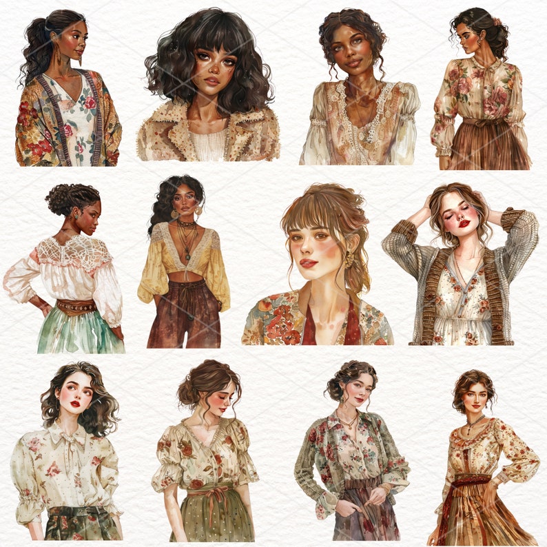 May include: A digital illustration of ten women wearing various vintage-inspired outfits with floral patterns. The women have different hairstyles and skin tones. The illustrations are in a watercolor style.