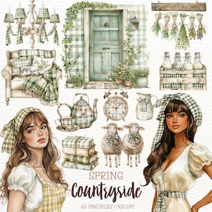 Aquarell Frühling Landschaft Clipart, Cottagecore Clip Art, Rustikales Landhaus, Gemütlicher Frühling, Frühling PNG, Digitale Planer Aufkleber, Kommerziell