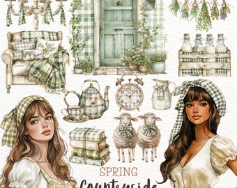 Watercolor Cottagecore Clipart: Spring Countryside PNG (Digital Download)
