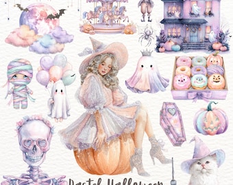 Set di clipart di Halloween con colori pastello e acquerelli, fantasmi spettrali, zucche (file PNG)