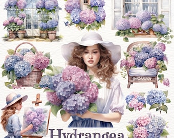 Hydrangea Watercolor Clipart: Floral PNG Set (Commercial Use)