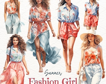 Watercolor Summer Fashion Girls Clipart: PNG Graphics (Digital Download)