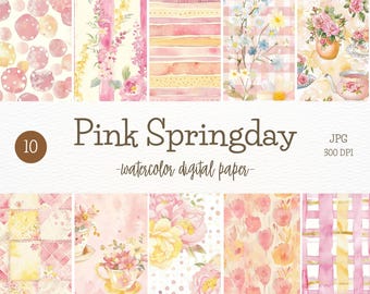 Watercolor Pink Spring Floral Patterns: Scrapbook Paper (Digital Download)