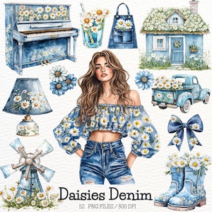 Clipart de jeans de margaridas aquarela, gráfico de margaridas cottagecore, flores de primavera PNG, flores silvestres de primavera de Daisy Meadow, adesivos de planejador digital