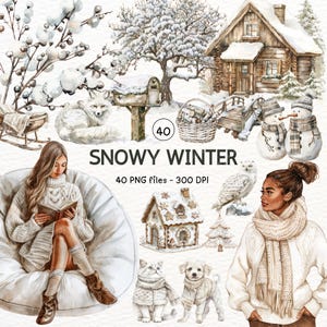 Imágenes prediseñadas de invierno nevado en acuarela, ilustraciones de invierno, invierno acogedor, PNG de invierno, imágenes prediseñadas de vacaciones, Cottagecore, descarga digital de álbumes de recortes