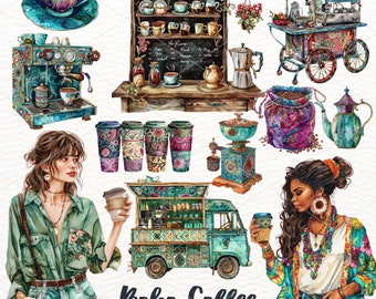 Watercolor Boho Coffee Clipart: Coffee Shop PNG Stickers (Commercial Use)