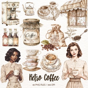Akwarela Retro Kawa Clipart, Miłośnik Kawy, Kawa PNG, Kubek Kawy, Vintage Kawa, Barista, Scrapbooking Cyfrowe Pobieranie Komercyjne