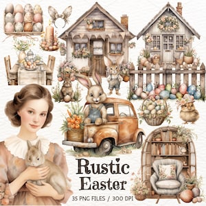 Clipart rustico dell'acquerello di Pasqua, pacchetto di clipart di Pasqua, coniglietto di Pasqua, uova di Pasqua PNG, cestino di Pasqua, scena di Pasqua, pubblicità di Scrapbooking