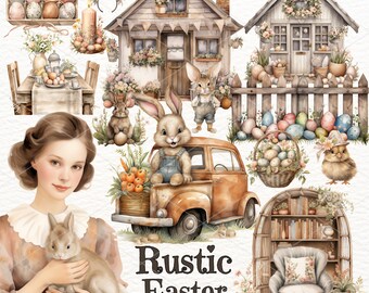 May include: A set of 35 digital illustrations featuring a rustic Easter theme. The illustrations include a farmhouse, bunnies, chicks, eggs, baskets, flowers, and a vintage truck. The illustrations are perfect for creating cards, invitations, scrapbook pages, and other crafts.