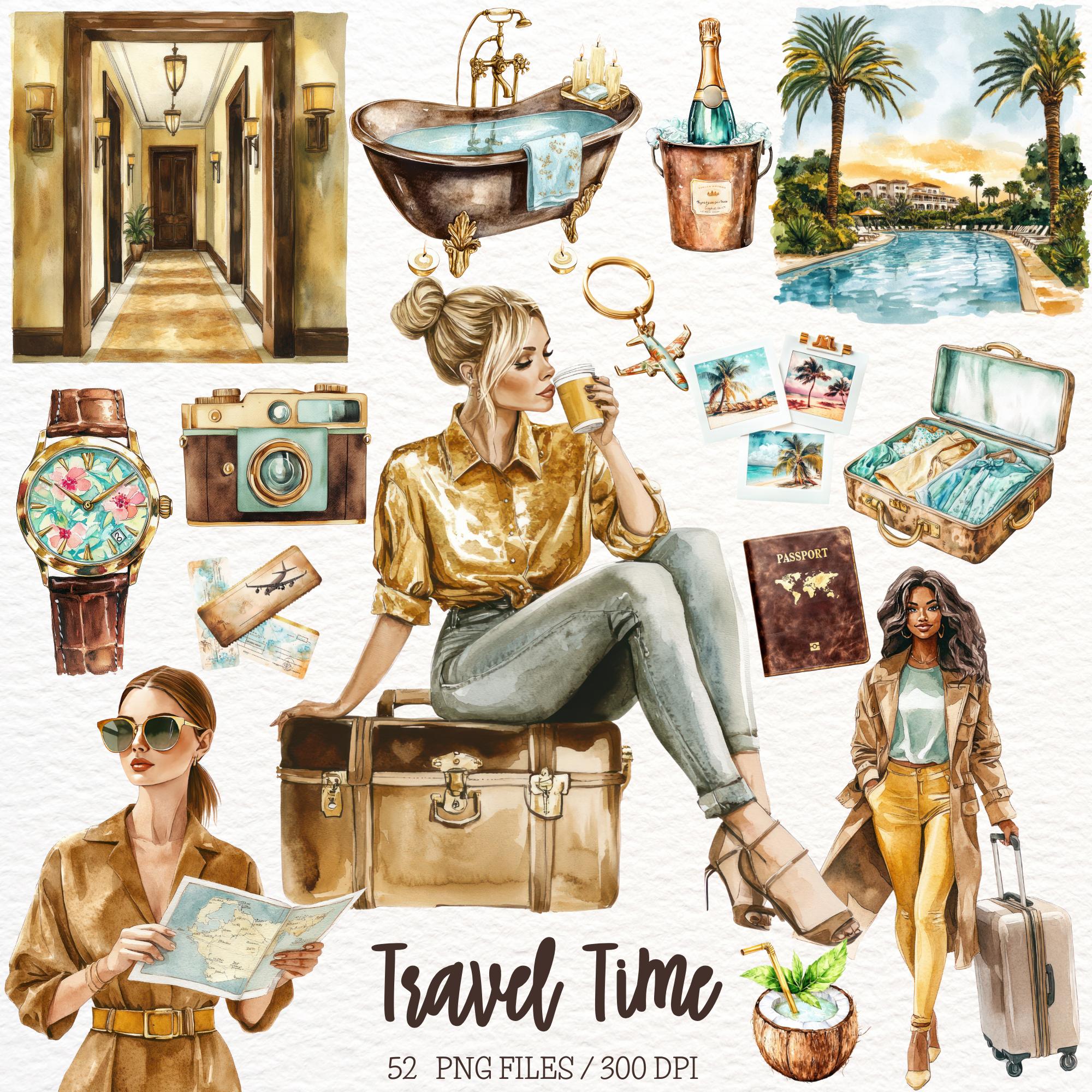 Watercolor Summer Travel Time Clipart, Vacation Holiday Graphics, Girls Travel, Traveler, Travel PNG, Digital Stickers, Scrapbook Commercial