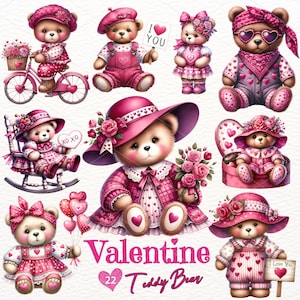 Acquerello San Valentino Teddy Bear Clipart, Clipart di San Valentino, Grafica di San Valentino, Love Bear PNG, Orsetto carino, Download digitale commerciale
