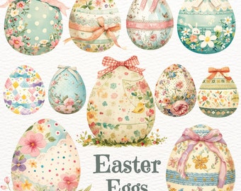 May include: A set of 10 watercolor Easter eggs with floral and pastel patterns. The eggs are decorated with ribbons, bows, and flowers. The text "Easter Eggs" is written in a decorative font below the eggs. The text "30 PNG FILES / 300 DPI" is written in a smaller font below the text "Easter Eggs".