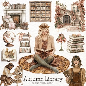 May include: A watercolour illustration titled "Autumn Library" depicting a woman reading amidst books, a fireplace, and autumn decor. The image includes a globe, a lamp, and a library cart, all in warm, autumnal colours.